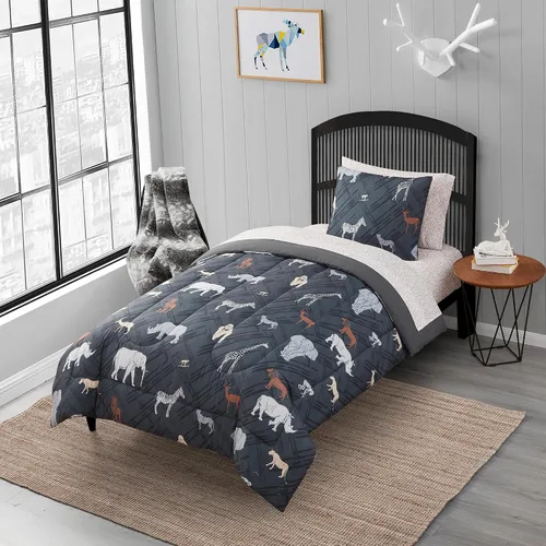 Juego de ropa de cama para niños, cama en una bolsa para niños y niñas pequeños, juego de sábanas y edredón impresos, individual, safari