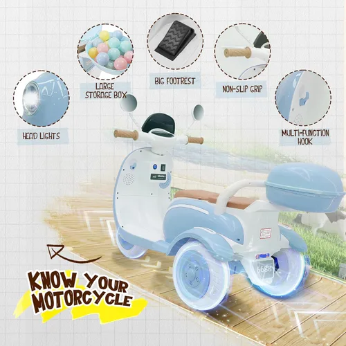Miniatura 6 de Motocicleta eléctrica para niños de 2 plazas con control remoto, 3 ruedas de 12 V con USB, música, Bluetooth, luz, caja de almacenamiento grande, 2