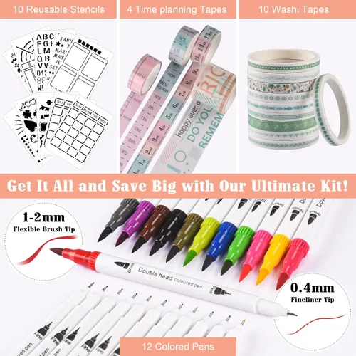 Miniatura 4 de Kit de diario de puntos con viñetas de 4.94 oz/m², juego de diario A5 de cuadrícula de puntos con 188 páginas, 10 plantillas, 14 cintas Washi, 12
