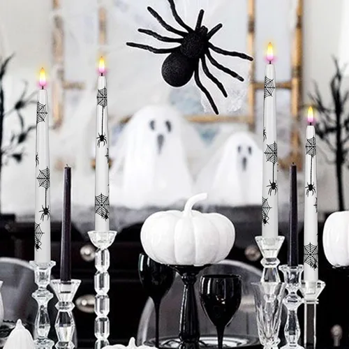 Miniatura 7 de Wondise Velas cónicas sin llama de Halloween con control remoto y temporizador, paquete de 4 velas LED parpadeantes de cera real con pilas de araña