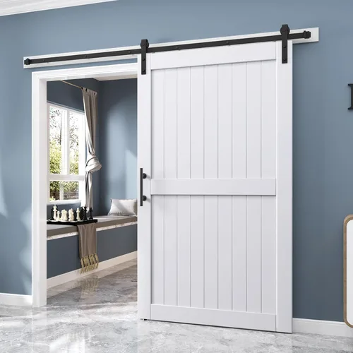 EaseLife - Puerta de granero de 48 x 84 pulgadas en blanco con kit de herrajes deslizantes de 8 pies incluido y manija, madera maciza cubierta con