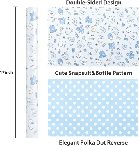 Miniatura 6 de MAYPLUSS Rollo de Papel de Regalo para Recién Nacido - 17 Pulgadas x 4.76 Metros - Lindo Diseño de Snapsuit y Botellas de Bebé Azul para Niño