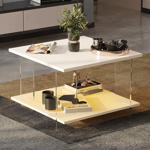 HedoAjim Mesa de café de 24" de acrílico con tablero de madera blanca, mesa central minimalista y moderna de estilo cuadrado para la sala de estar,