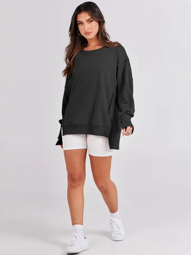 Miniatura 6 de ANRABESS Sudadera de gran tamaño para mujer, cuello redondo, manga larga, casual, con abertura, sin botones, ropa de otoño