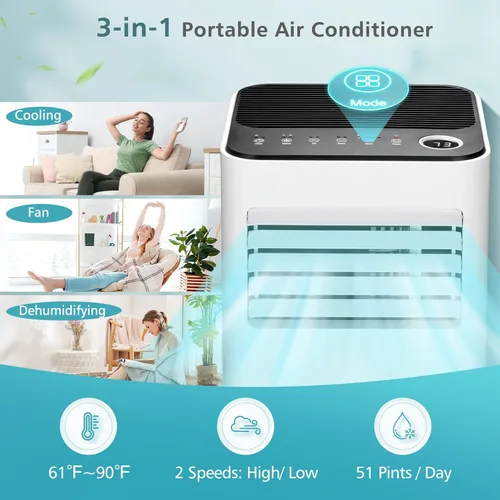 Miniatura 6 de GOFLAME Aire acondicionado portátil de 10000BTU, unidad de refrigeración de CA con ventilador y deshumidificador, temporizador de 24 horas, pantalla