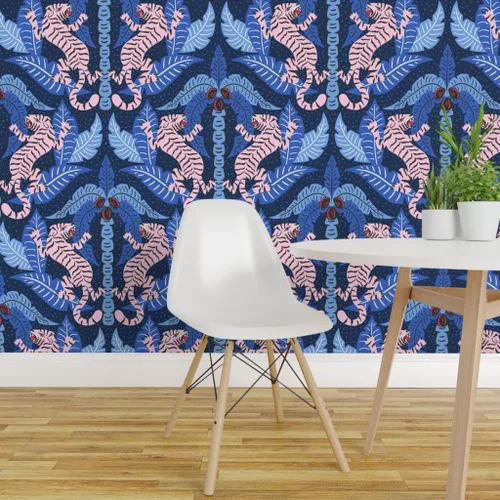 Miniatura 3 de Muestro de papel tapiz extraíble - Tiger Damask Pink Blue Jungle Tropical Papel pintado prepegado personalizado por Spoonflower