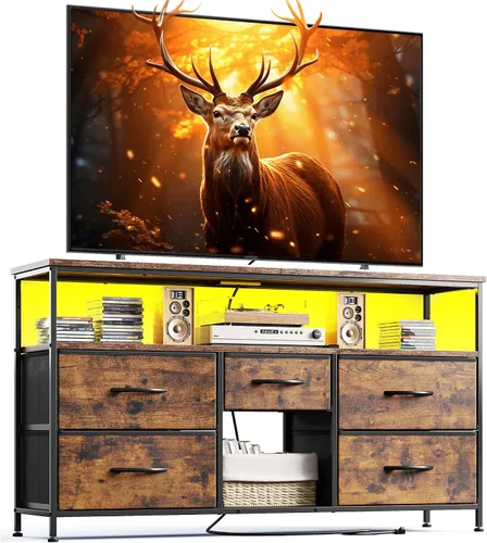 Miniatura 4 de EnHomee Soporte de TV para televisor de 50 pulgadas, centro de entretenimiento con luces LED y tomas de corriente, cómoda de 5 cajones