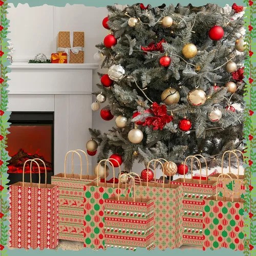 Miniatura 6 de Fulmoon Juego de 48 bolsas de regalo de papel kraft de Navidad a granel, bolsas de regalo de papel surtido con asa, vacaciones para regalos