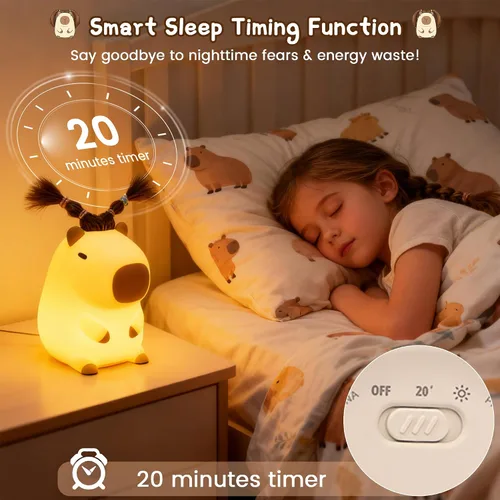 Miniatura 3 de Linda luz nocturna de capybara con peinado DIY, lámpara de silicona esponjosa, luz nocturna para habitación infantil, lámpara de mesita recargable