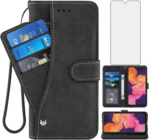 Asuwish Compatible con Samsung Galaxy A20s Funda tipo cartera y protector de pantalla de vidrio templado, funda con tapa para tarjeta de crédito,