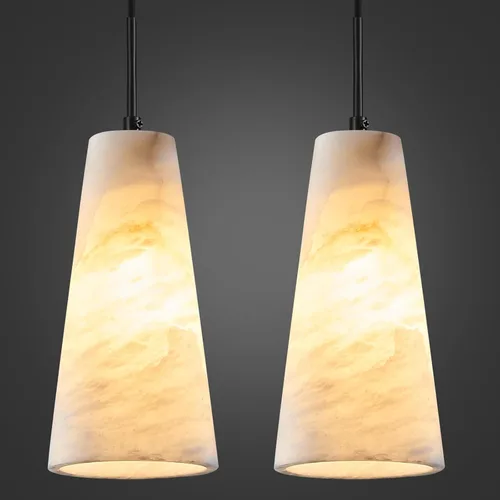 Miniatura 14 de Luces colgantes de alabastro natural, isla de cocina, pantalla cónica de mármol blanco, modernas lámparas de techo negras para mesa de comedor, sala