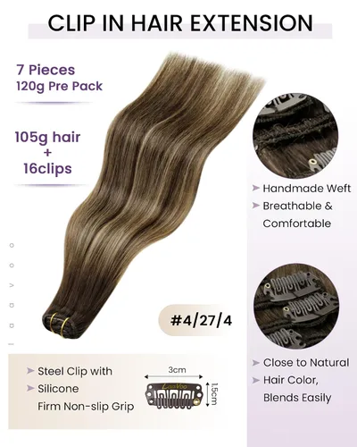 Miniatura 2 de LaaVoo Extensiones de Cabello con Clip Ombre Cabello Humano Real 16 Pulgadas Extensiones de Cabello Humano con Clip Marrón Oscuro a Marrón Caramelo