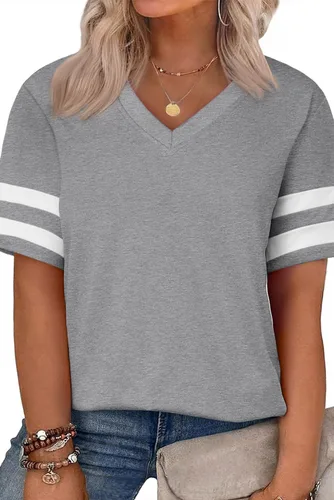 Miniatura 29 de Eytino Blusas de talla grande para mujer, cuello en V, manga corta, a rayas, casual, holgada, con bolsillo (1X-5X)