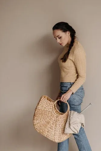Miniatura 3 de EROUGE - Bolsa de paja tejida a mano con asa redonda para verano, estilo retro, para la playa, tejida