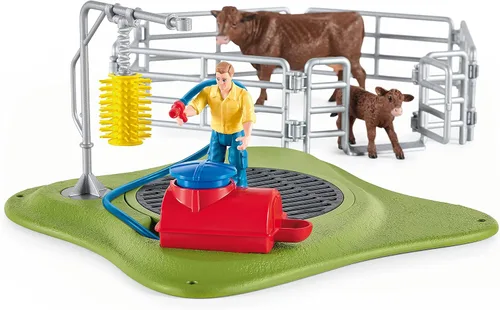 Miniatura 5 de Schleich Farm World, juguetes de animales de granja para niños, Happy Cow Wash con juguetes de vaca y área de lavado de trabajo, juego de 16 piezas