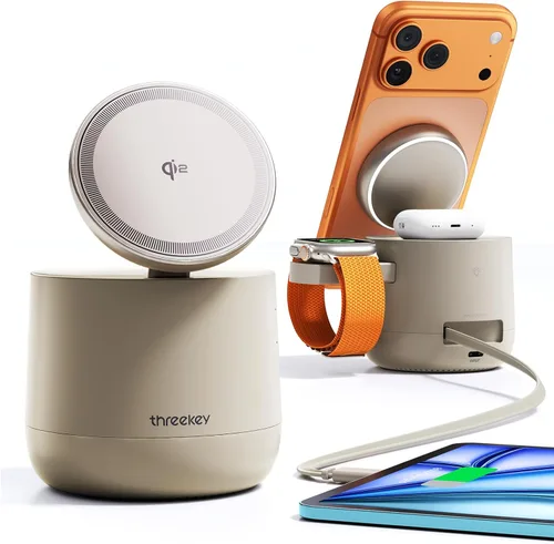 Miniatura 10 de THREEKEY Estación de carga inalámbrica magnética Qi2 4 en 1, cargador rápido de 15 W con módulo de carga hecho para Apple Watch, para iPhone 17-12
