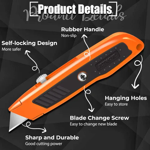 Miniatura 5 de Jetmore Paquete de 2 cortadores retráctiles, cuchillo utilitario resistente con 10 cuchillas SK5 y bloqueo de seguridad, navaja portátil