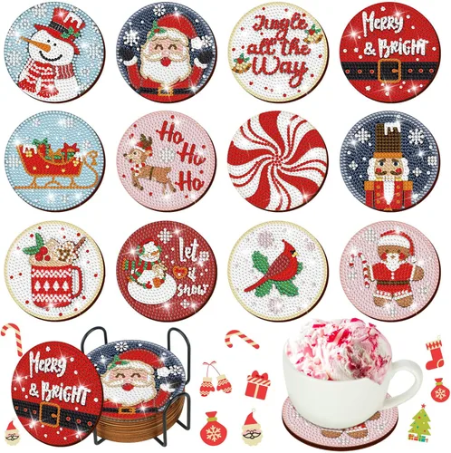 12 Piezas Kits de Posavasos de Pintura de Diamantes de Navidad con Soporte Arte de Diamantes Posavasos de Navidad para Adultos Suministros de Arte y