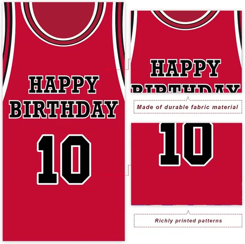 Miniatura 3 de Cartel de feliz cumpleaños 10 pancarta de fondo rojo de baloncesto estrella jugador de deportes decoración para hombre niño 10 cumpleaños