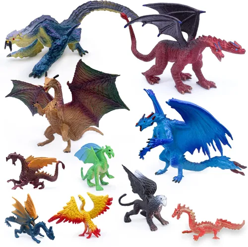 SIENON Paquete de 10 figuras de juguete de dragón de 5 y 3 pulgadas, varios colores y estilos, mini figuras míticas para decoración de pasteles de