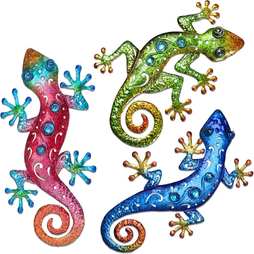 Lagartos de metal para decoración al aire libre, decoración de pared de Gecko de metal, 13.5 x 8.5 pulgadas, paquete de 3 unidades, adecuado para