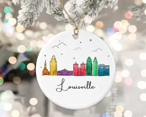 Adorno de la ciudad de Louisville, adorno de Navidad de la ciudad de Louisville, adorno de Navidad de puntos de interés, gráfico colorido de la