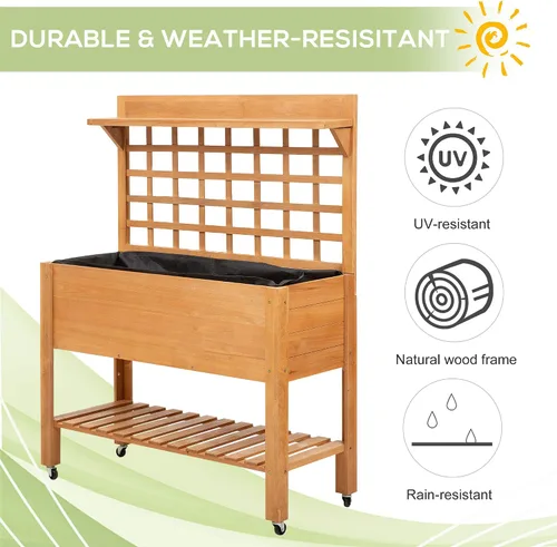 Miniatura 4 de Outsunny Cama de jardín elevada de 41 pulgadas con enrejado sobre ruedas, maceta elevada de madera con patas y forro de cama, para flores, hierbas