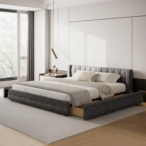 Miniatura 20 de DEINPPA - Marco de cama tamaño Queen con cabecero suave tipo nube, base de cama de madera con tapizado de chenilla, no necesita somier - Beige