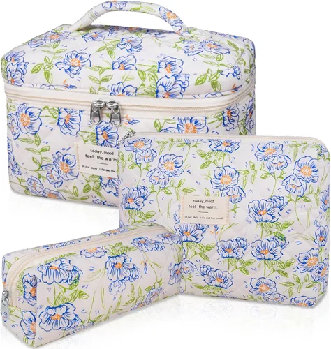 Miniatura 29 de Set de bolsas de maquillaje, bolsa de maquillaje acolchada, bolsa de cosméticos floral grande para mujeres, lindas bolsas de maquillaje de algodón