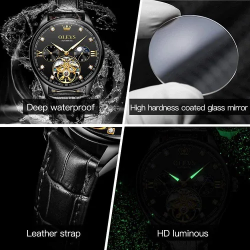 Miniatura 6 de OLEVS Reloj Tourbillon automático de viento automático mecánico clásico impermeable luminoso correa de cuero