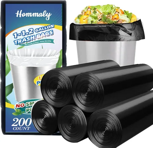 Hommaly 200 bolsas de basura pequeñas negras de 1 galón (apto para 1-1.2 galones), bolsas de basura fuertes de 1.2 galones, bolsas de basura para