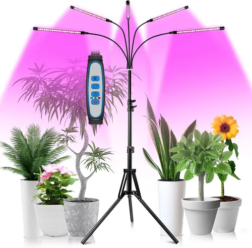 Garpsen Luz de crecimiento con soporte, luces de cultivo de 5 cabezas para plantas de interior, luz de planta LED de 100 diodos de espectro completo