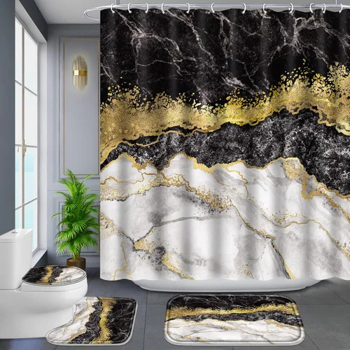 Poedist Juego de 4 cortinas de ducha de baño con borde negro y dorado, juego de baño con cortina de ducha y alfombras (tapete de baño, forma de U y