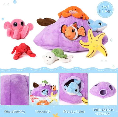 Miniatura 4 de Muiteiur Juego de animales marinos suaves de felpa con casa de conchas marinas de felpa, incluye tortuga de peluche, langosta, cangrejo, delfín, pez