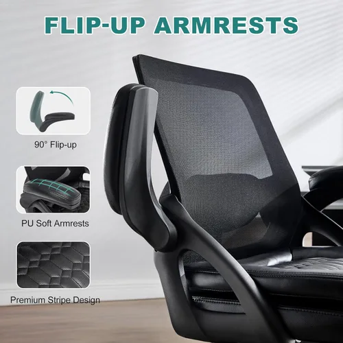 Miniatura 4 de Silla de oficina grande y alta, silla de escritorio ergonómica de malla de 500 libras con reposabrazos abatibles, asiento ancho de tamaño grande
