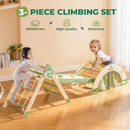 Miniatura 4 de ROBUD Juego de Triángulo Pikler 7 en 1, juguetes plegables de escalada de madera para niños pequeños, juego de escalada plegable Montessori con red
