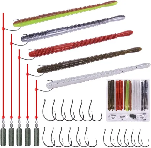 Miniatura 10 de Aparejos de pesca de gusanos de plástico suave para lubina, gusanos de goma de 4 pulgadas, gusanos locos, cebos de cola recta, kit de 49 piezas