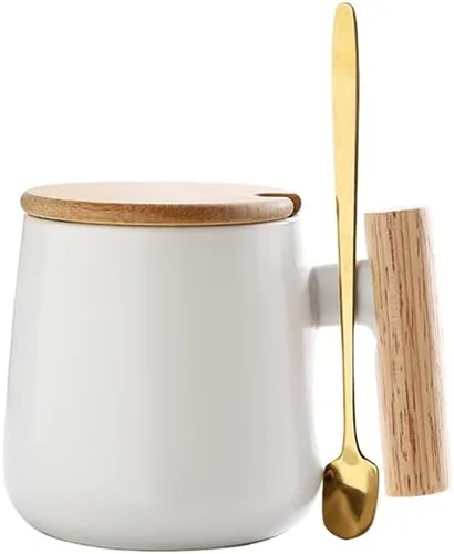 Miniatura 2 de Taza de café de cerámica de 12 onzas con tapa de madera y cuchara dorada, taza de té con leche para oficina y hogar, idea divertida de regalo