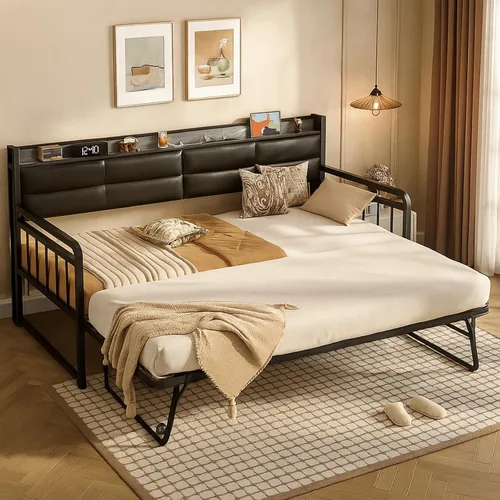 Miniatura 8 de Homieasy Sofá cama con nido, cama individual con cabecera tapizada y estación de carga, marco de sofá cama individual de metal, cama nido