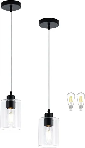 Miniatura 17 de MAYNA Lámpara colgante de granja de 1 luz, lámparas de jaula de metal negro con cadena ajustable y pantalla de vidrio, luces colgantes para isla