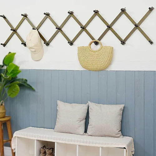 Miniatura 9 de WEBI Acordeón para colgar en la pared, percha de pared para sombreros, acordeón, expandible, de madera, montado en la pared, estante de gancho