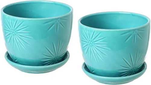 Miniatura 6 de MyGift - Juego de 2 macetas de cerámica con diseño de rayos de sol, macetas decorativas con platillos, Moderno, S, Agua (Aqua)