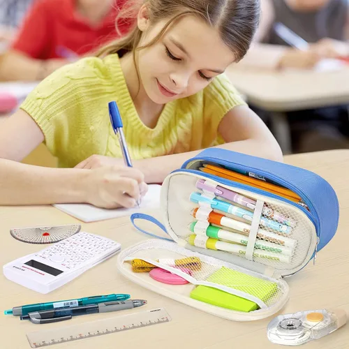 Miniatura 6 de KMUYSL Estuche grande para lápices, bolsa grande para lápices con 3 compartimentos, organizador de mano para bolígrafos con cremallera, bolsa