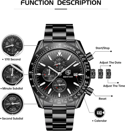 Miniatura 7 de BY BENYAR - Reloj para hombre, cronógrafo analógico de cuarzo, impermeable, luminoso, de diseñador, relojes de pulsera para hombre, para negocios