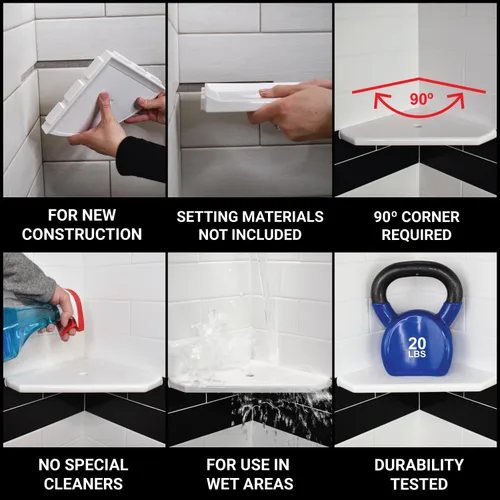 Miniatura 6 de Questech Decor - Reposapiés de ducha, estante de afeitado de ducha de esquina montado en la pared, con tapa para nueva construcción, organizador