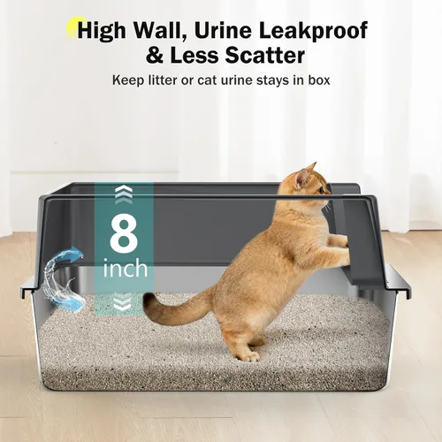 Miniatura 2 de Caja de arena para gatos de acero inoxidable con tapa, bandeja de arena de metal de alta cara para gatos pequeños, caja de arena para gatitos