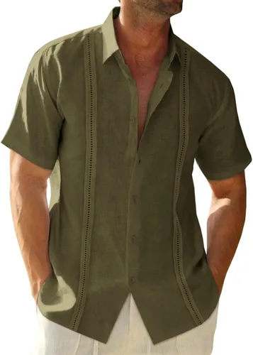 Runcati Camisas de lino cubano guayabera para hombre, camisa de manga corta con botones, de algodón, hippie, verano, playa, vacaciones