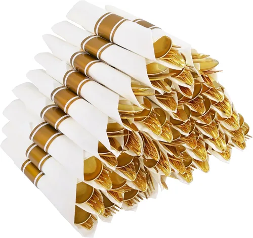 Miniatura 16 de Juego de cubiertos de plástico dorado pre-enrollados para 200 invitados - Cubiertos dorados de servicio pesado - Incluye paquete de 200 utensilios