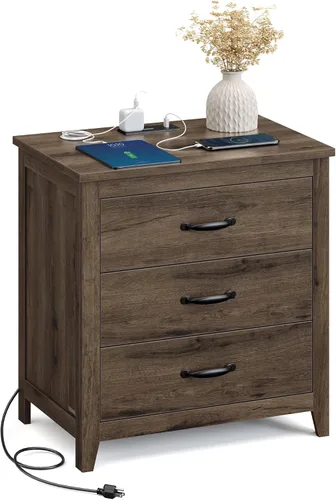 Miniatura 12 de VASAGLE Colección LIRY - Mesita de noche de estilo granja con estación de carga, mesita de noche, mesa auxiliar con 3 cajones, para dormitorio