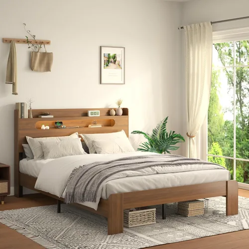 Miniatura 10 de Marco de cama tamaño completo de madera, cabecero con almacenamiento y estación de carga y luces LED, estructura robusta de granja rústica, fácil